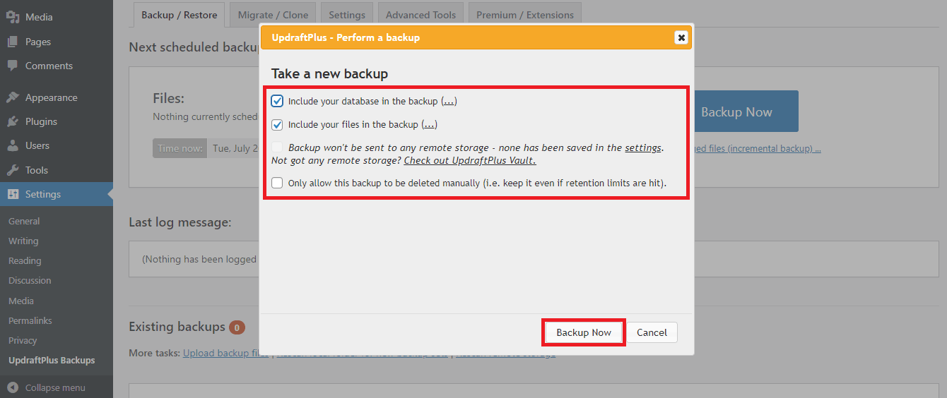 Screenshot on Confirmation of UpdraftPlus Backup Setup