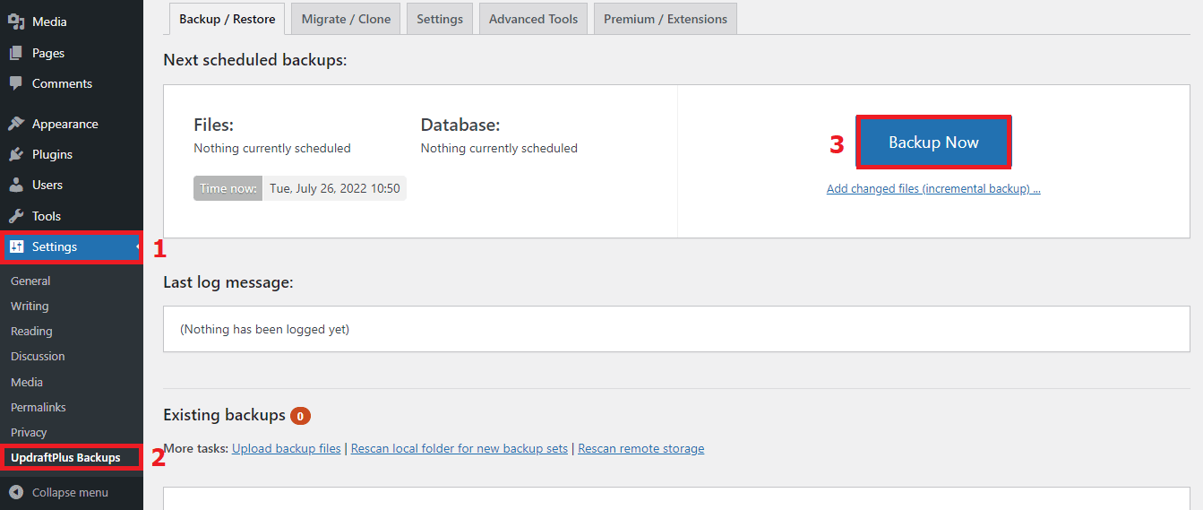 Process on UpdraftPlus Backup Setup