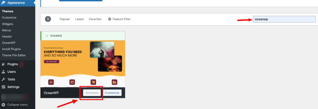 way to install and activate the OceanWP theme