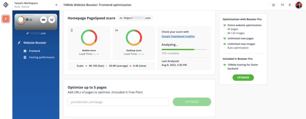 10Web Booster Optimizing a Website