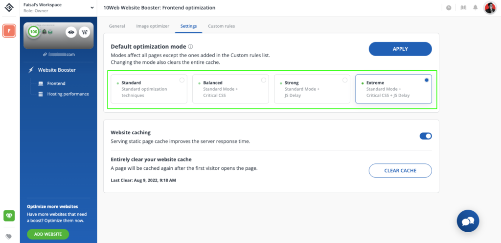 10Web Booster Optimization Modes