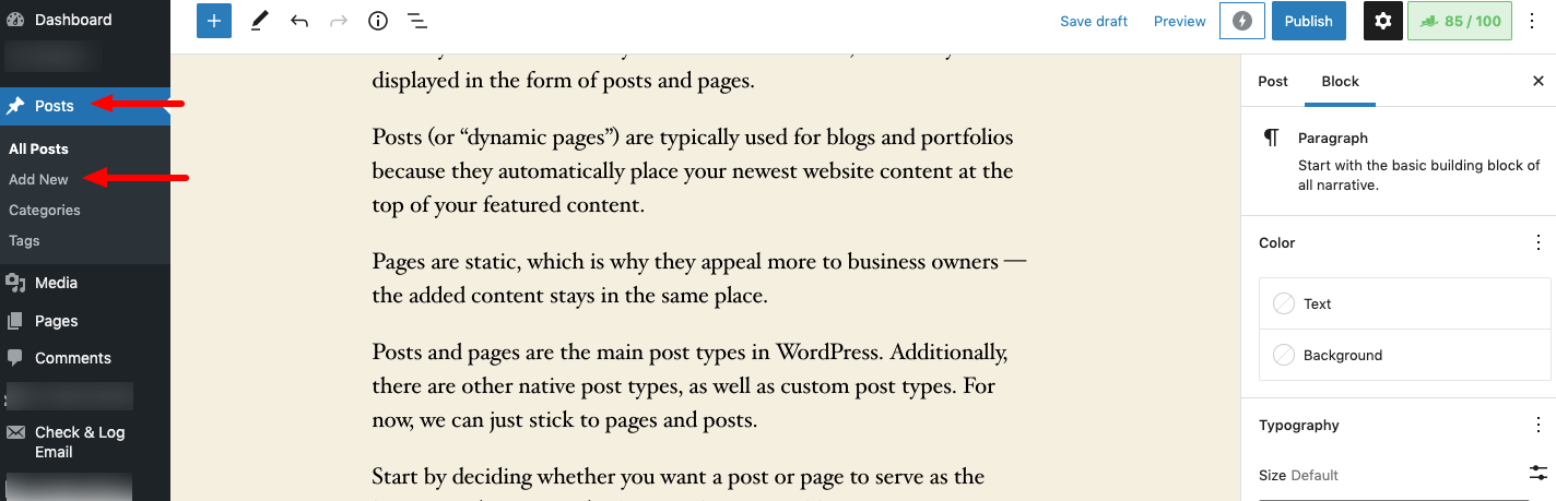 A screenshot of WordPress dashboard that shows how to add a new post