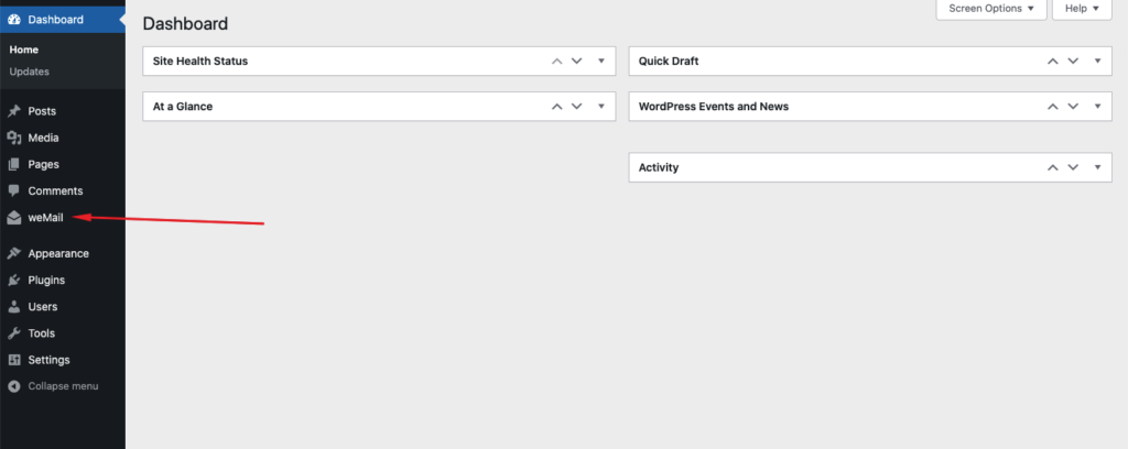 weMail Option on WordPress Admin Dashboard