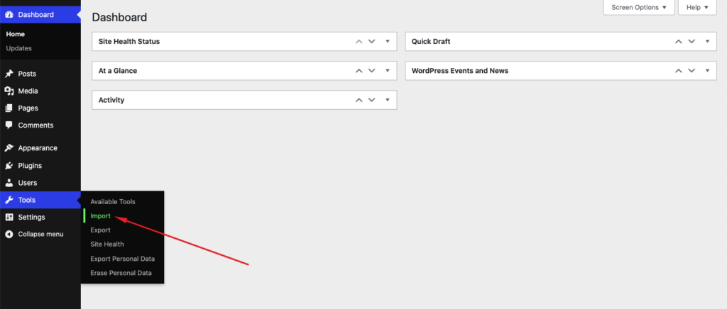 Access WordPress.org Import Option