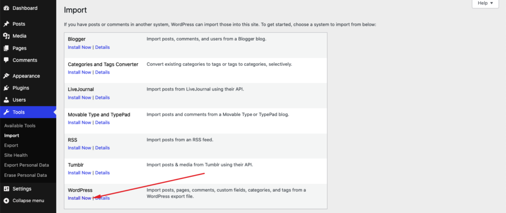 Install WordPress Import Feature