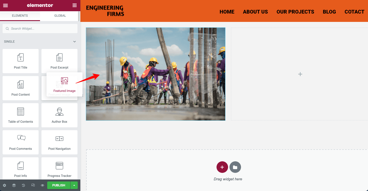 Drag and Drop the Elementor Featured Image widget 