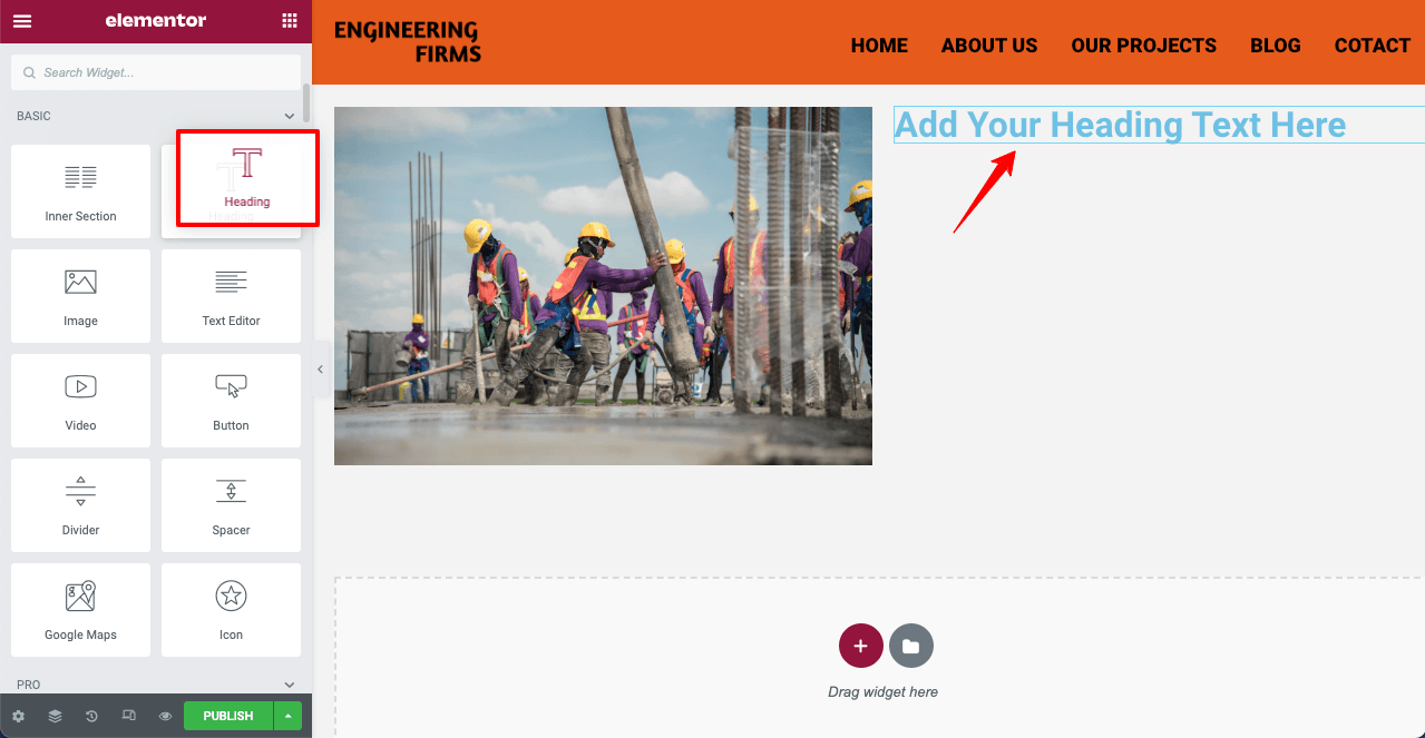 Drag and Drop the Heading Widget to Your Elementor Canvas