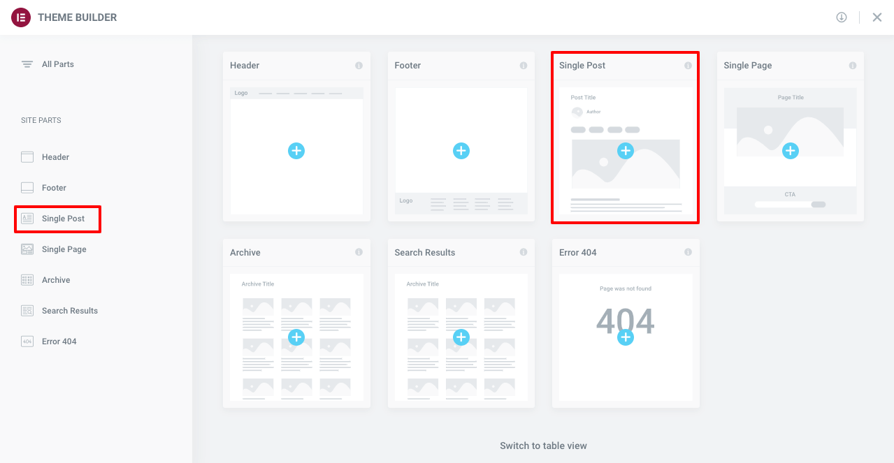 Select Single Post Builder from Elementor