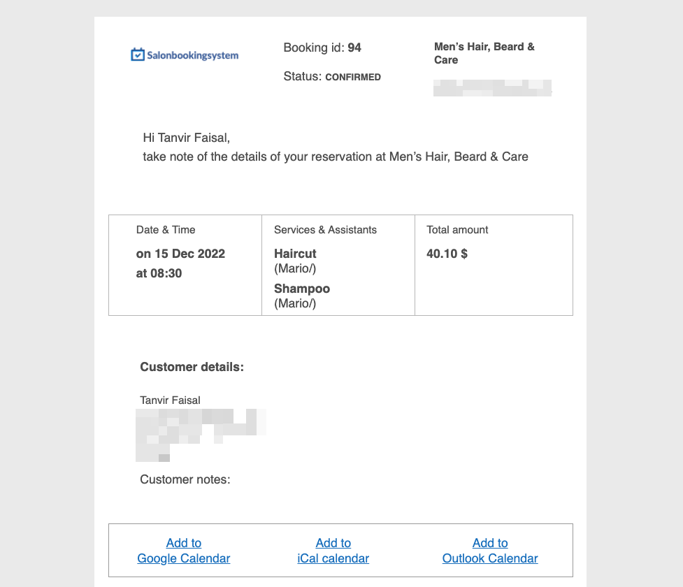 order confirmation email salon booking system review 