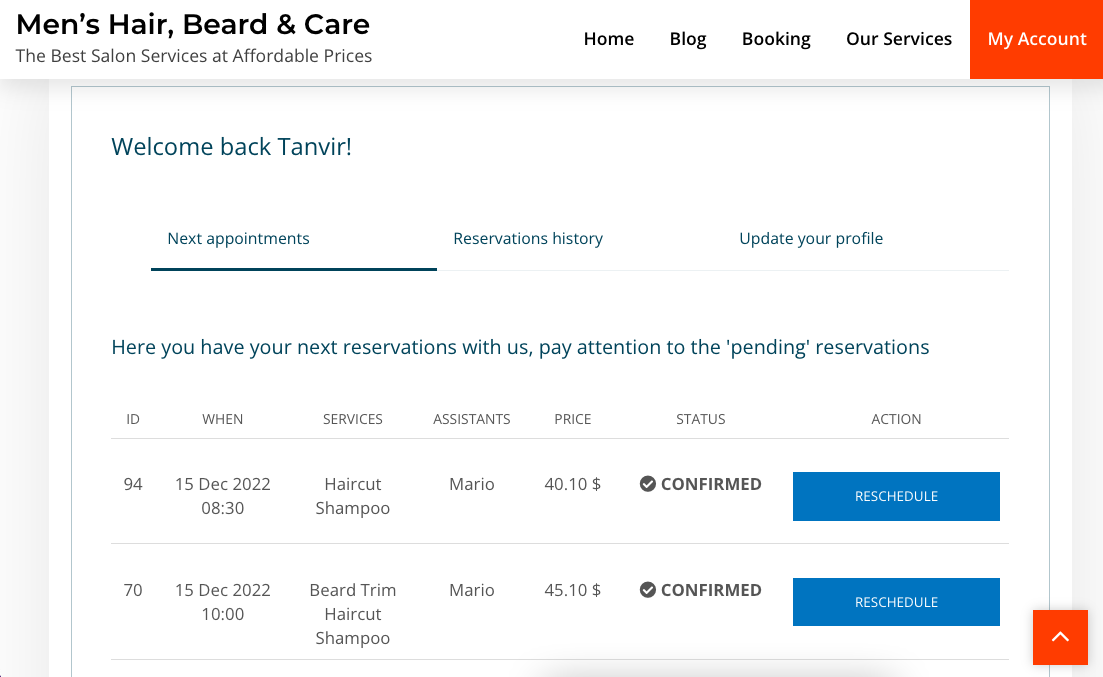 My account page: salon booking system