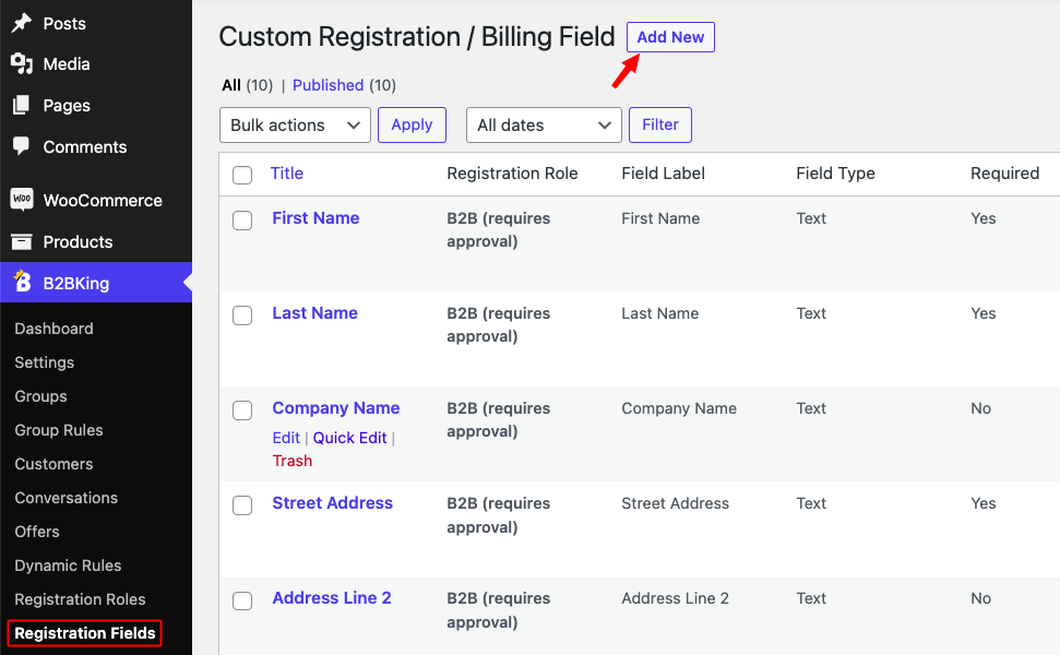 B2BKing settings registration fields