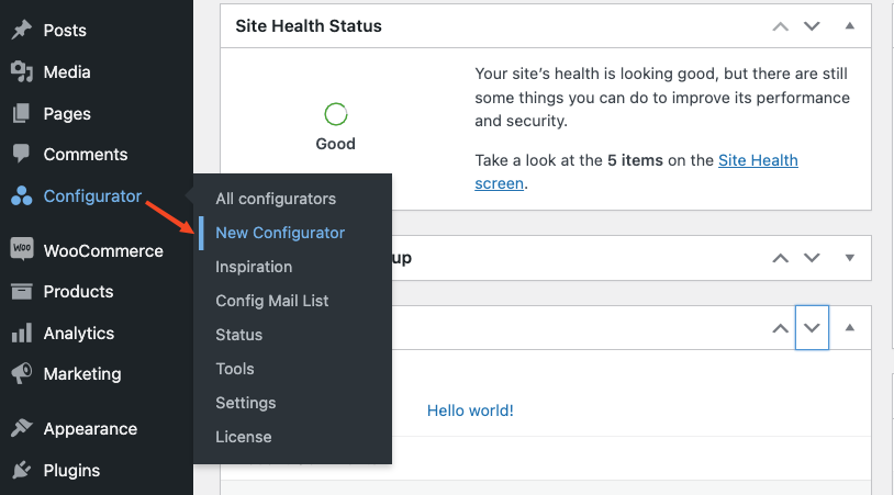 Settings of the WP Configurator plugin