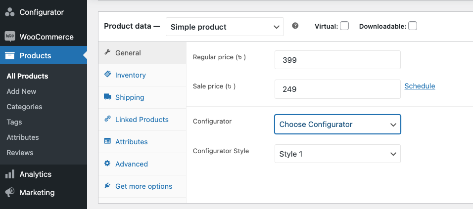 Add configurator to a product