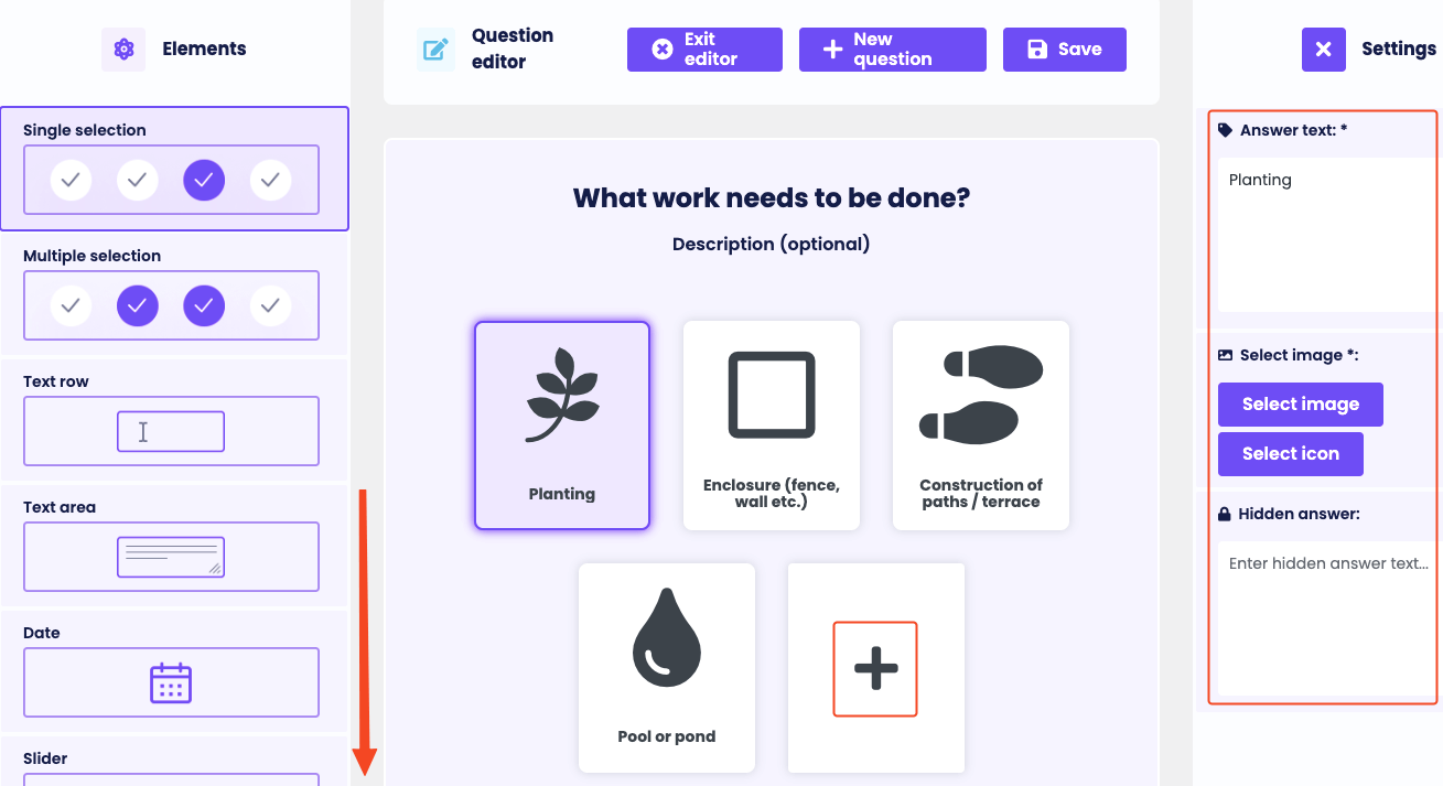 Create questions using the Funnelforms home