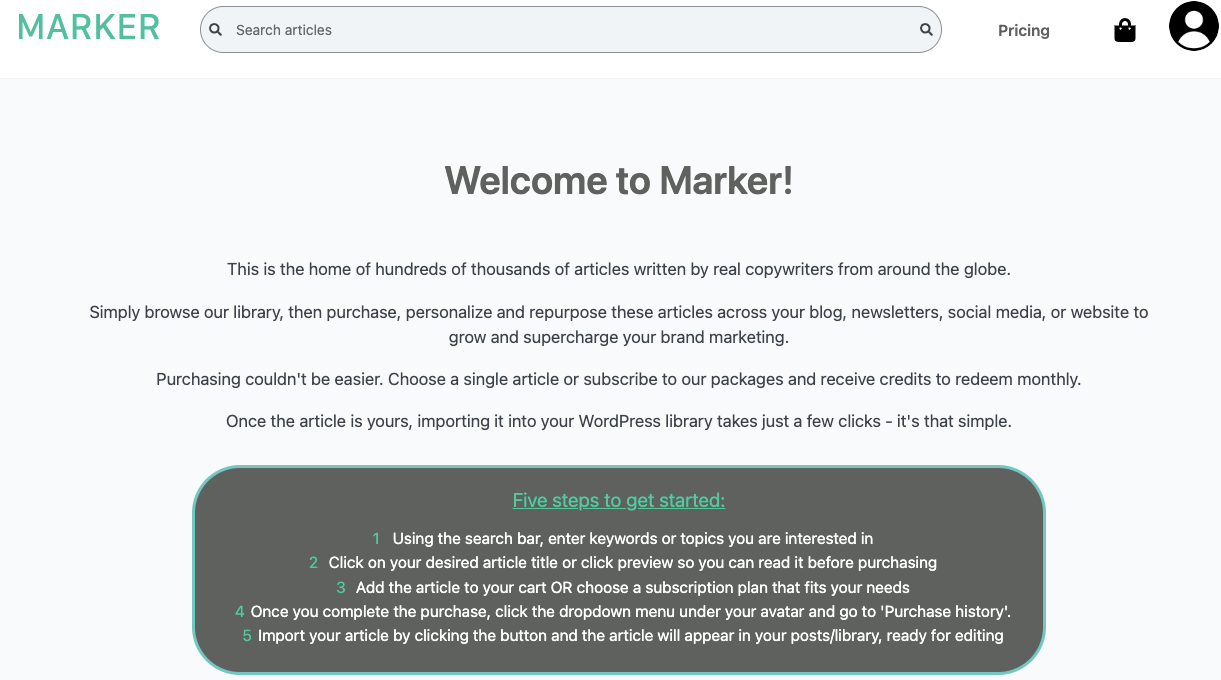 Welcome page of Marker Content 