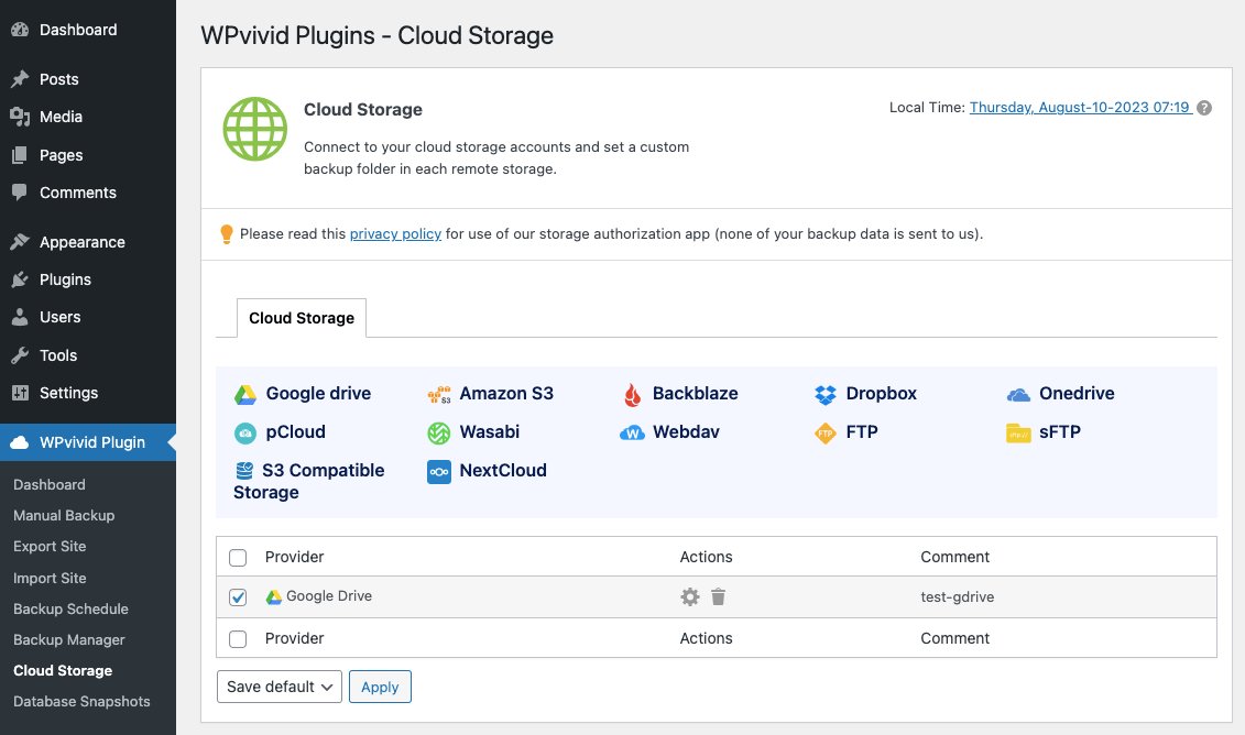 cloud storage options of wpvivid plugin 