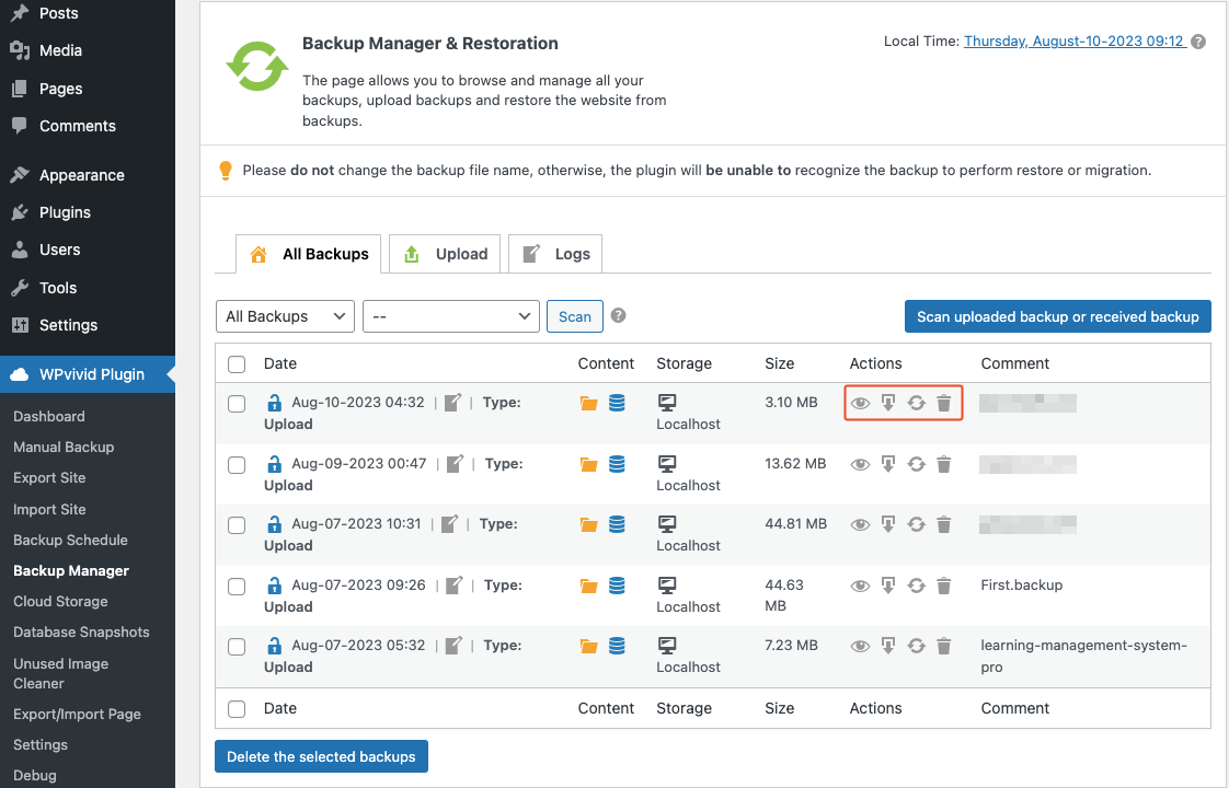 wpvivid backup manager and restoration 