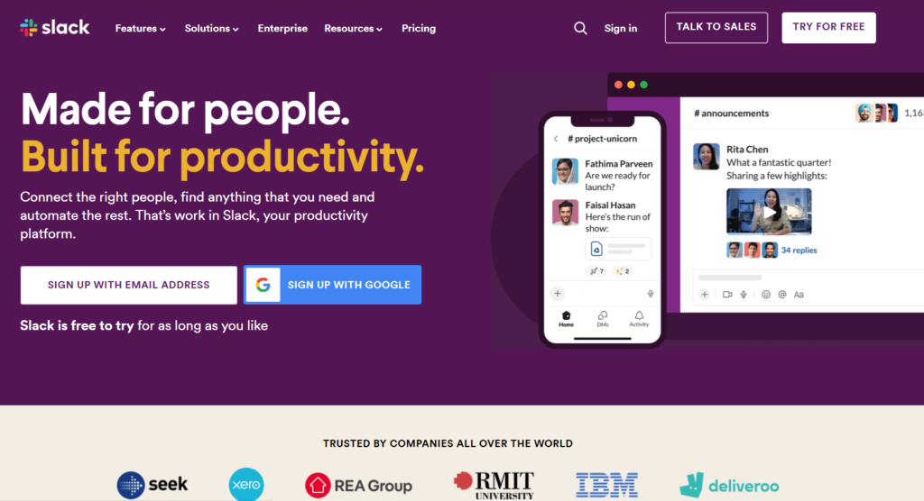 Slack home page