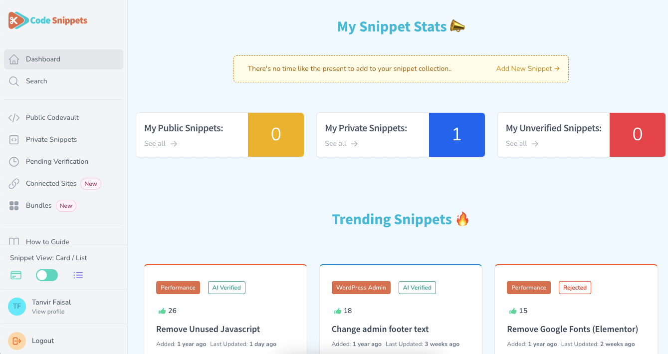 Code snippets cloud dashboard