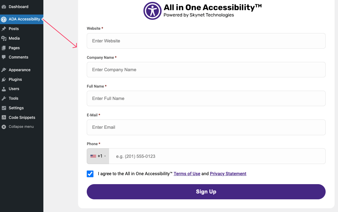 Sign up to All in One Accessibility system