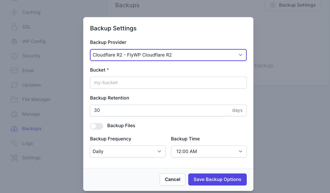 Configure backup settings for your site