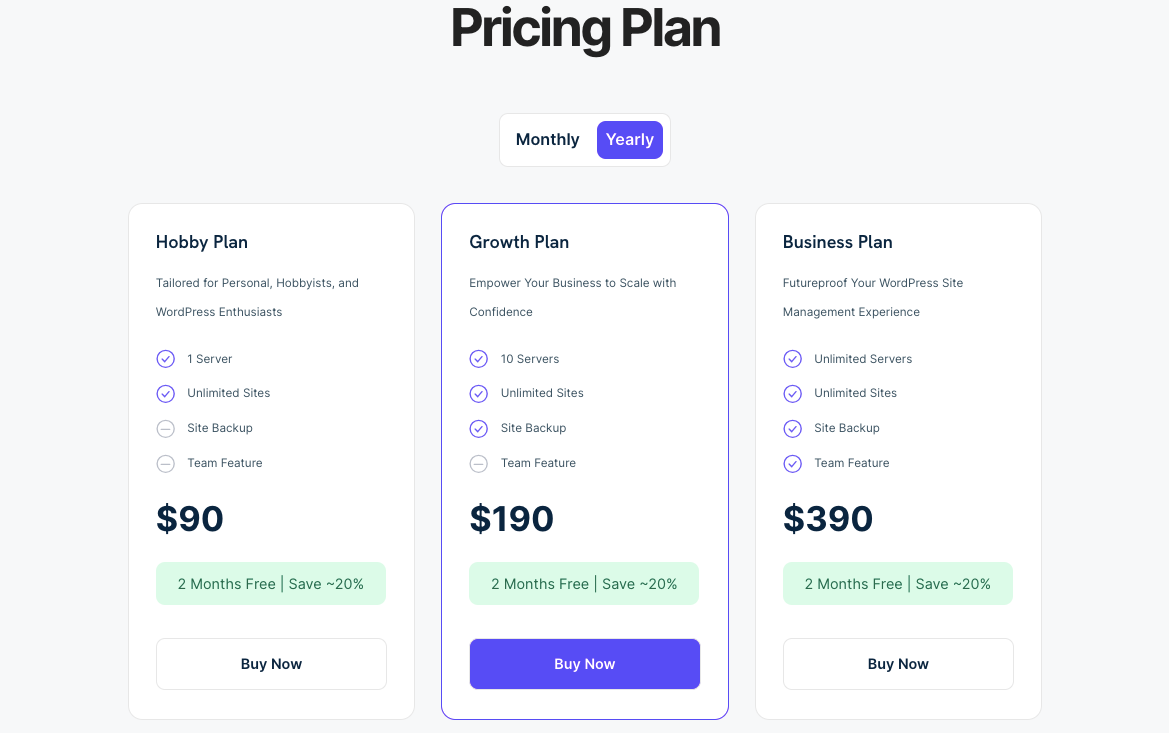 FlyWP pricing plans: Monthly, Yearly, and Lifetime