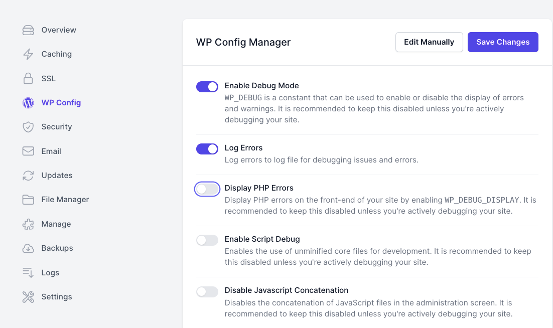 Manage WP Config settings from the dashboard