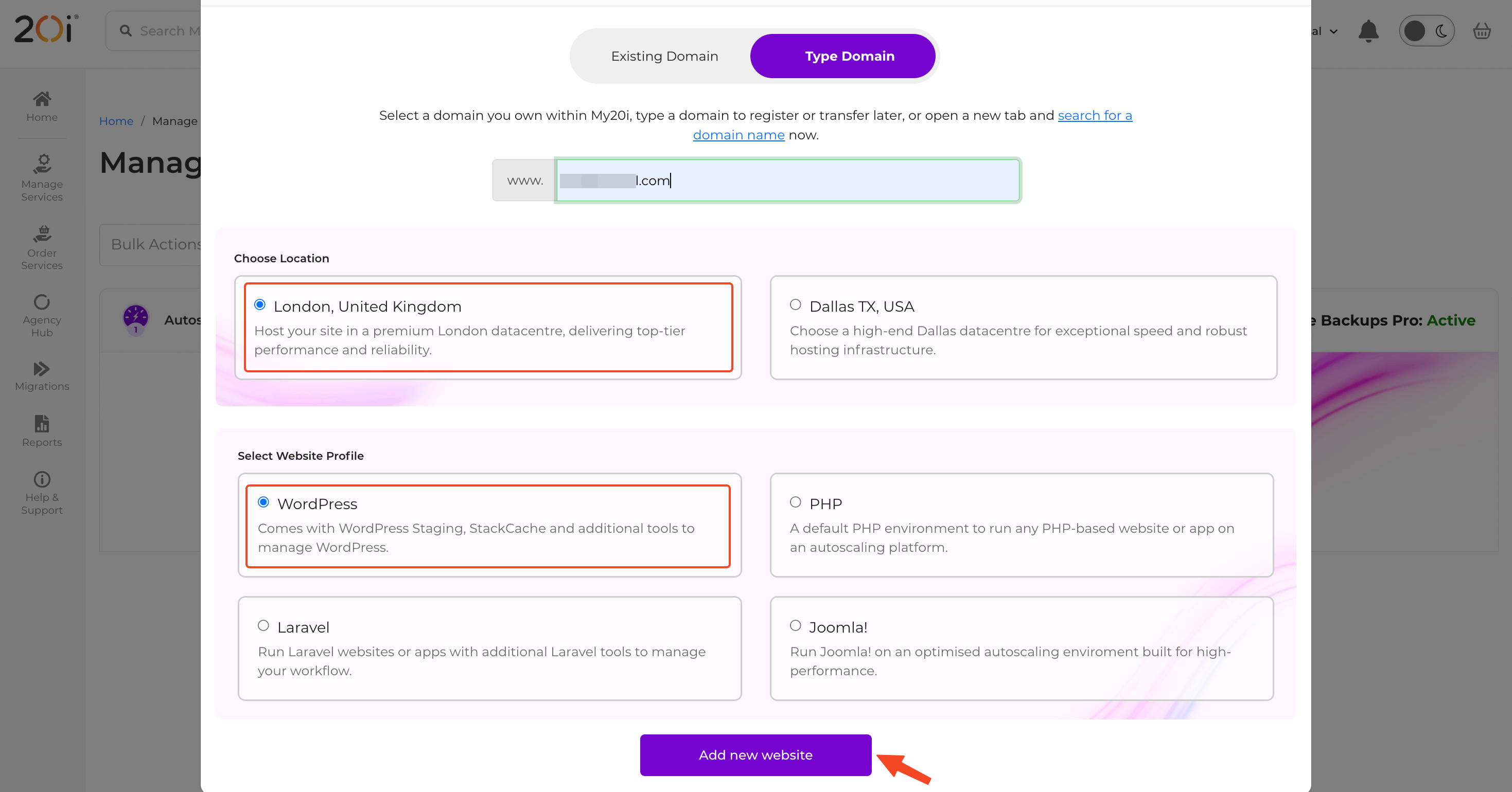 choose location and website type