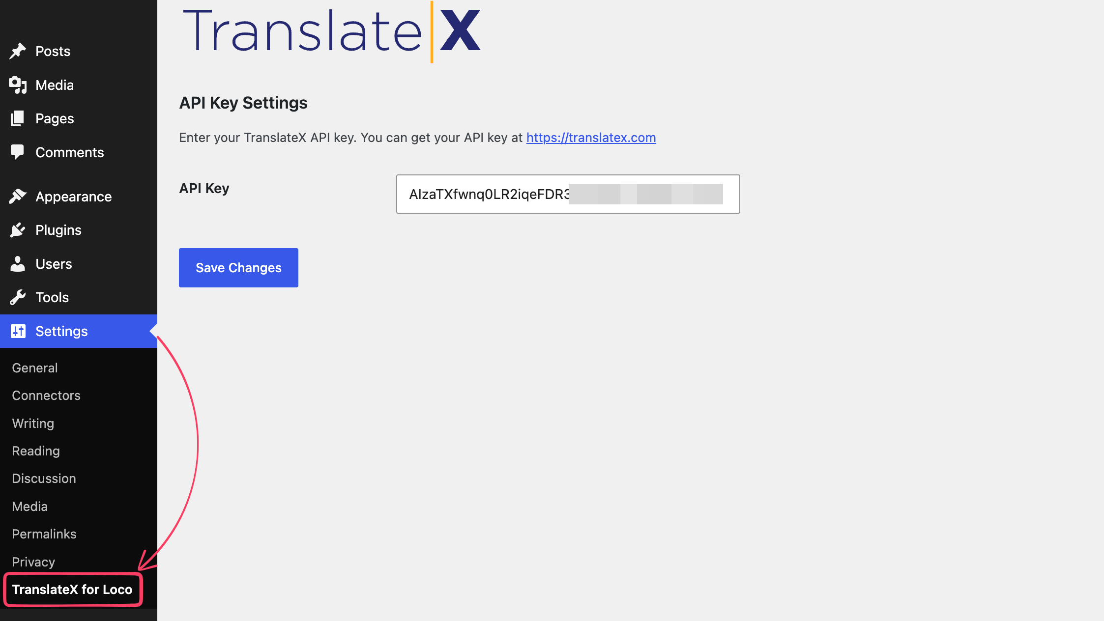 The TranslateX for Loco Translate settings page in WordPress, with the API Key field and Save Changes button