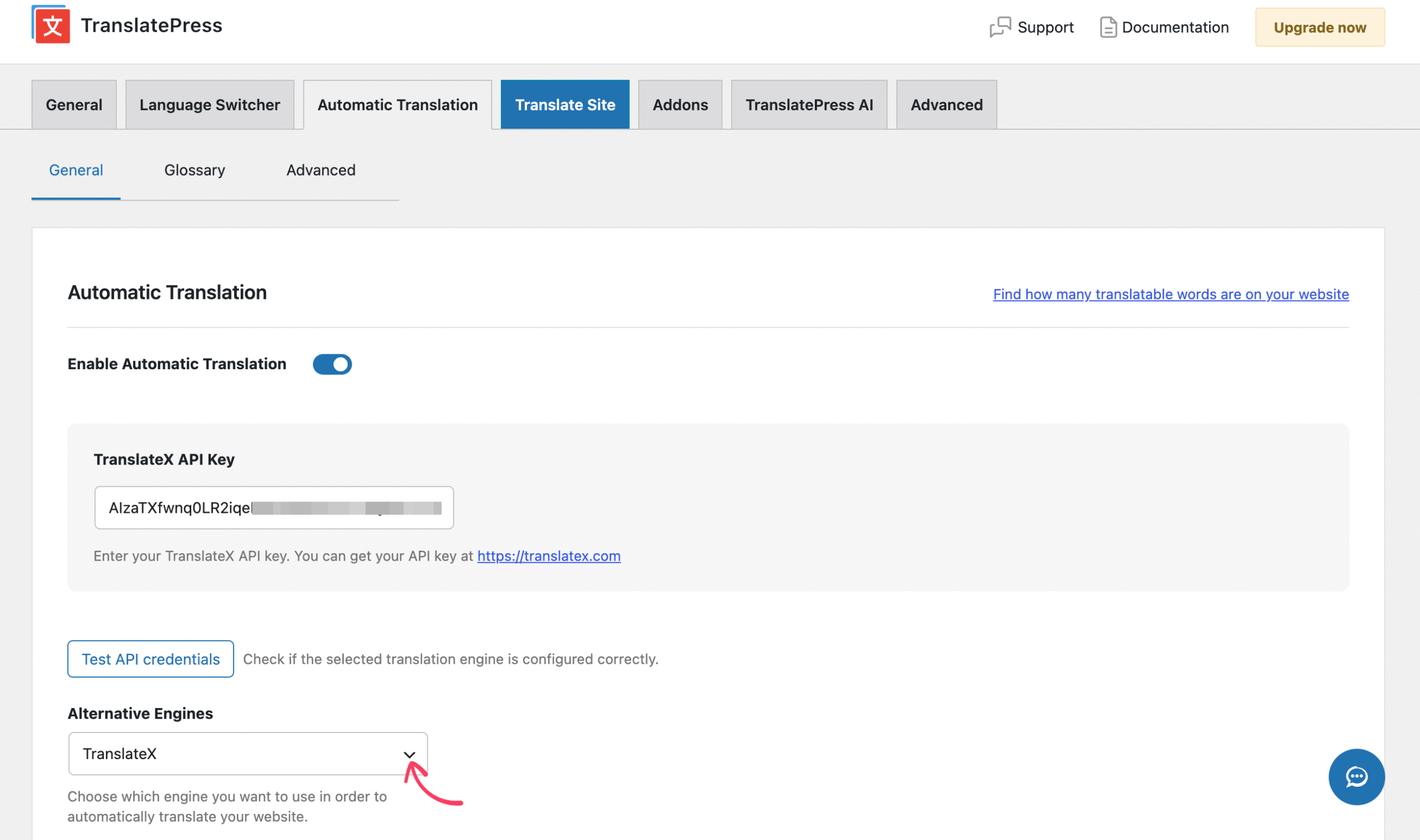 TranslatePress Automatic Translation settings, with the TranslateX API key entered and TranslateX selected as the alternative engine