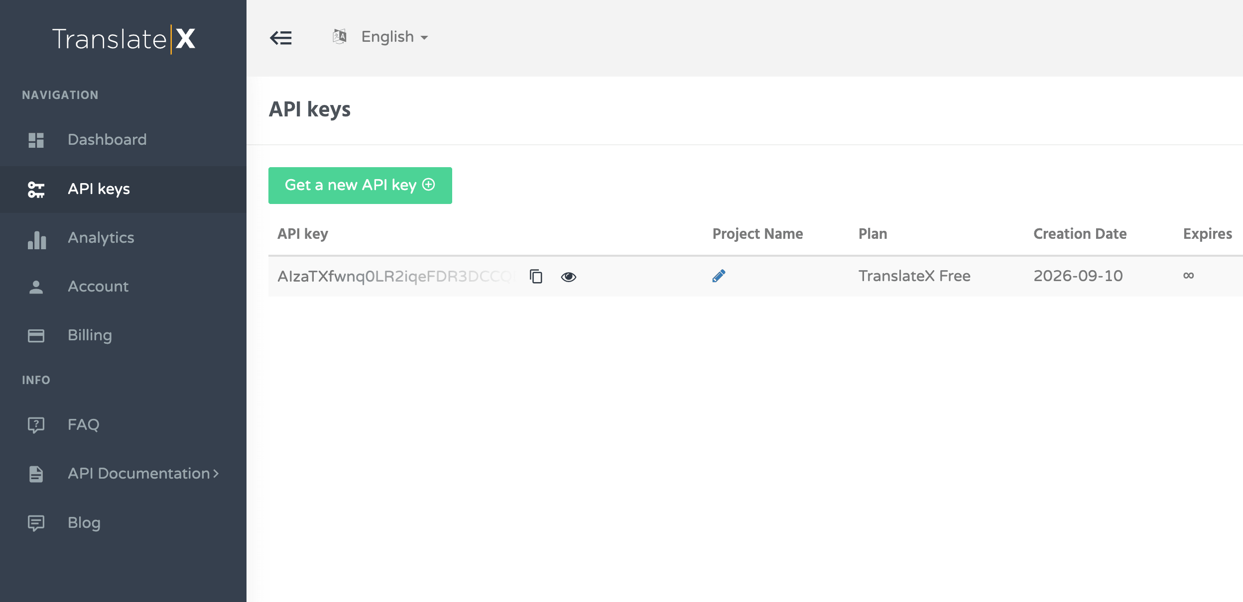 The API keys screen in the TranslateX dashboard, showing a key on the TranslateX Free plan
