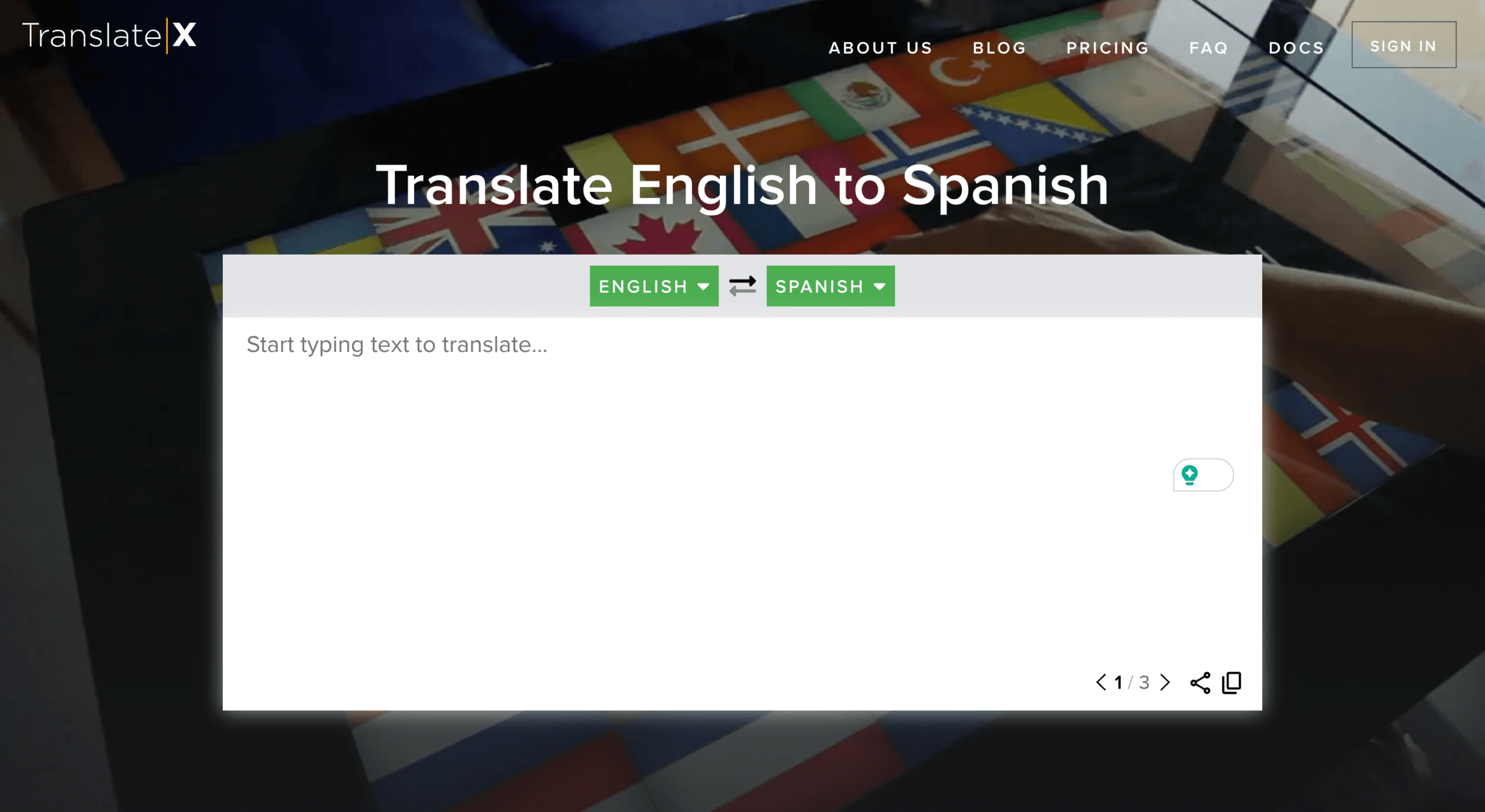 The TranslateX homepage, showing its English to Spanish translation box