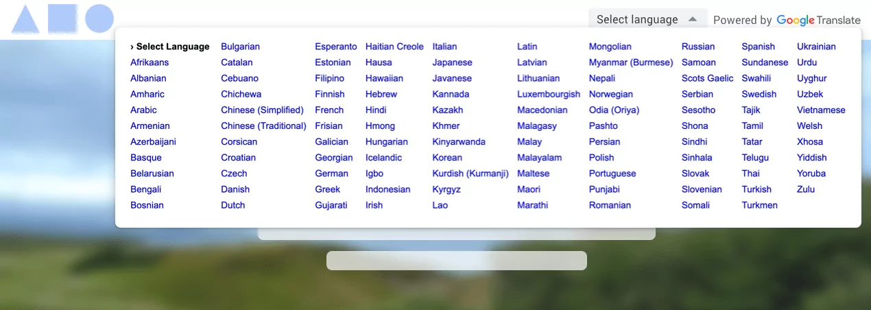 The Google Translate Website Translator Widget open on a webpage, showing its full language list and the Powered by Google Translate label