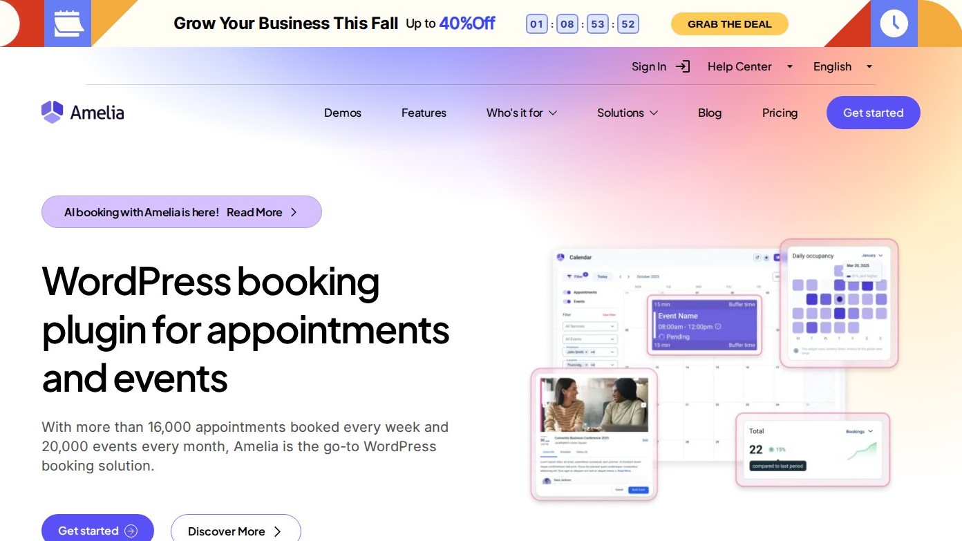 Amelia homepage — WordPress appointment and event booking plugin