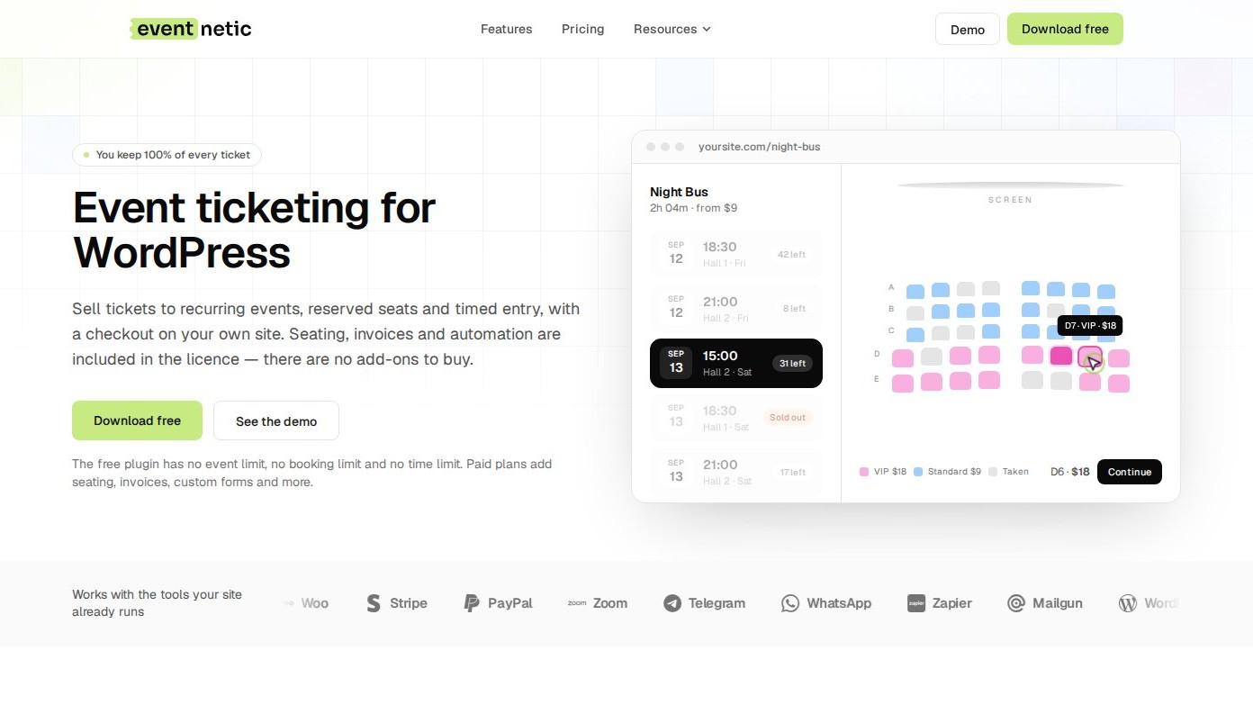 Eventnetic homepage — WordPress event booking and ticketing plugin